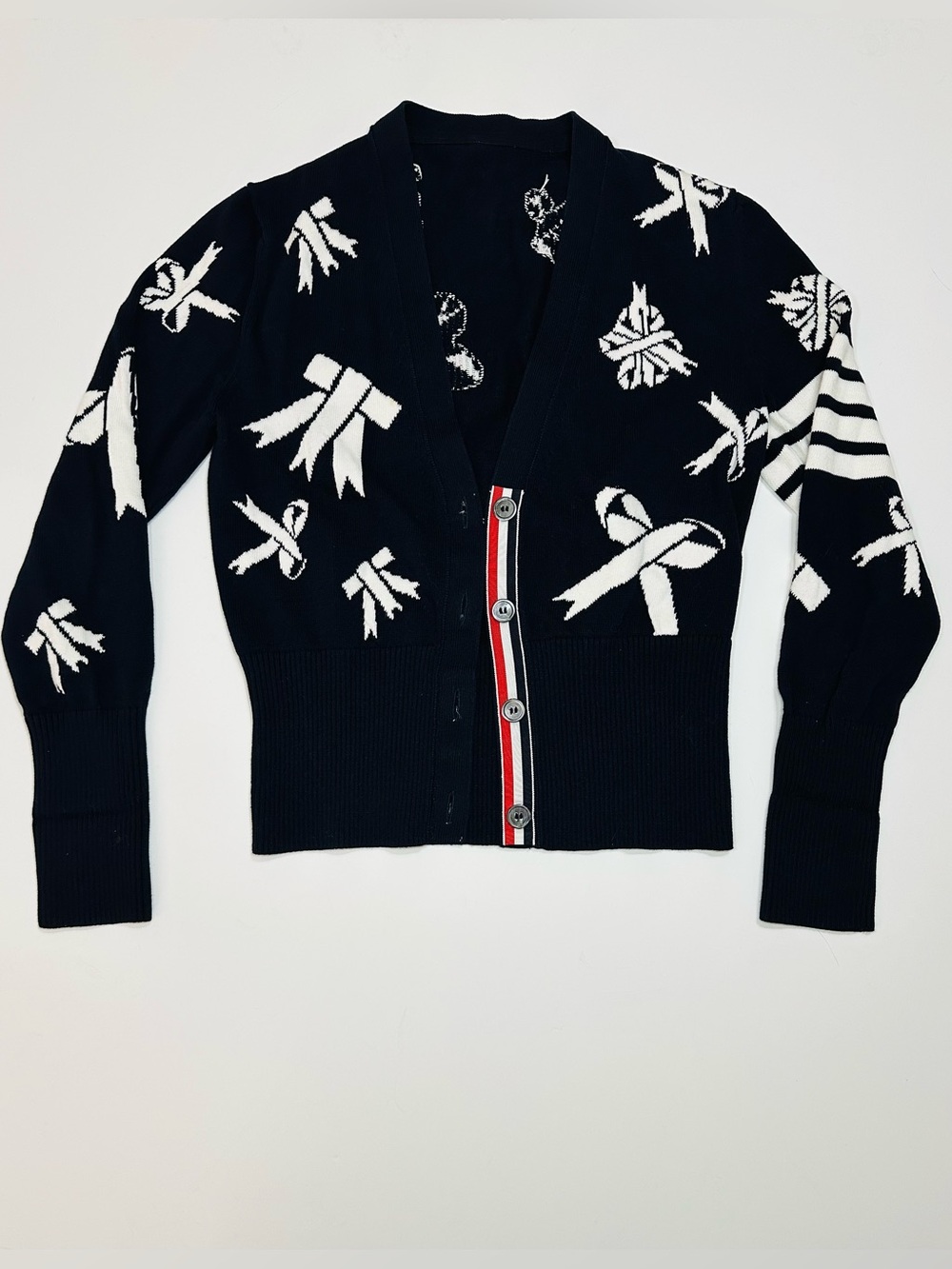 NAVY WHITE RIBBON PRINT BUTTON CARDIGAN SWEATER COTTON PREPPY COQUETTE 42 / 2 S - Picture 2 of 14